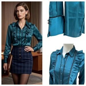 Satin Blouse Ruffle Lace Victorian Jewel Teal Regencycore Office Siren Goth Sl